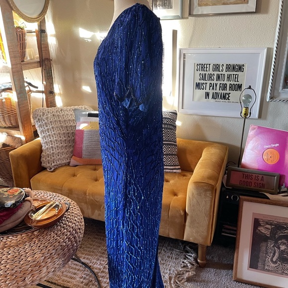 Vintage gatsby style beaded maxi gown 80s laurence kazar Blue 100% Silk dress - Picture 9 of 10